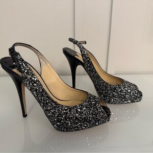 Jimmy Choo Black and Silver Glitter Heels